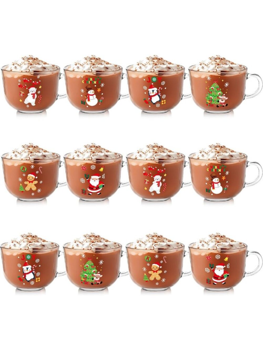 12 Pcs Cute Christmas Glass Coffee Mugs with Handle - Festive Holiday Drinkware